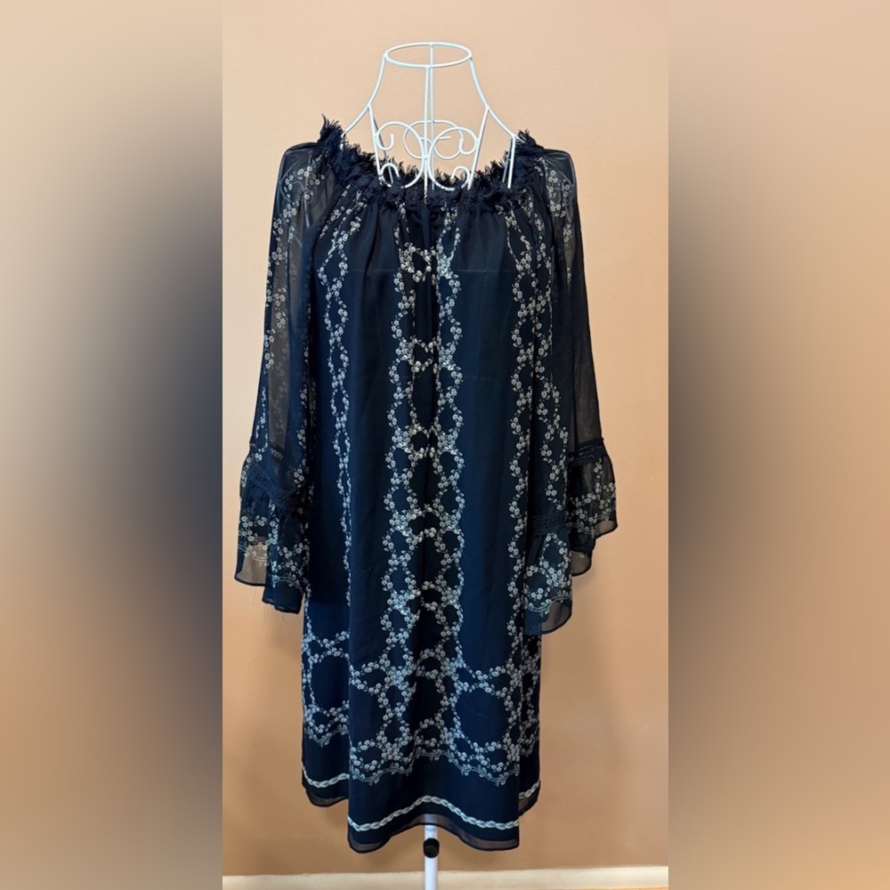 Max Studio Sheer Chiffon Shift Dress Black Scroll Print Lace Trim Long Sleeve M
